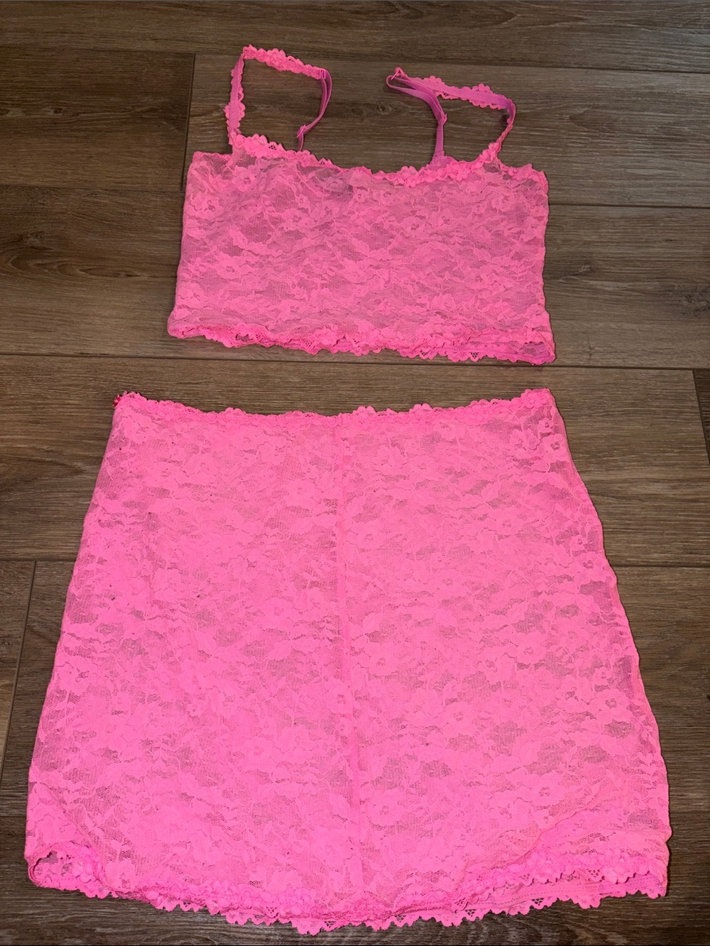 SKIMS Neon Pink Lace Chemise Set